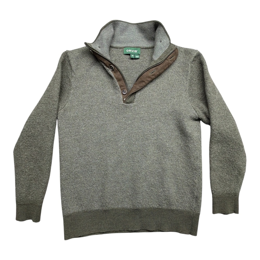Orvis Mens 100% Merino Wool Quarter Button Sweater Olive Green Mock Neck Medium